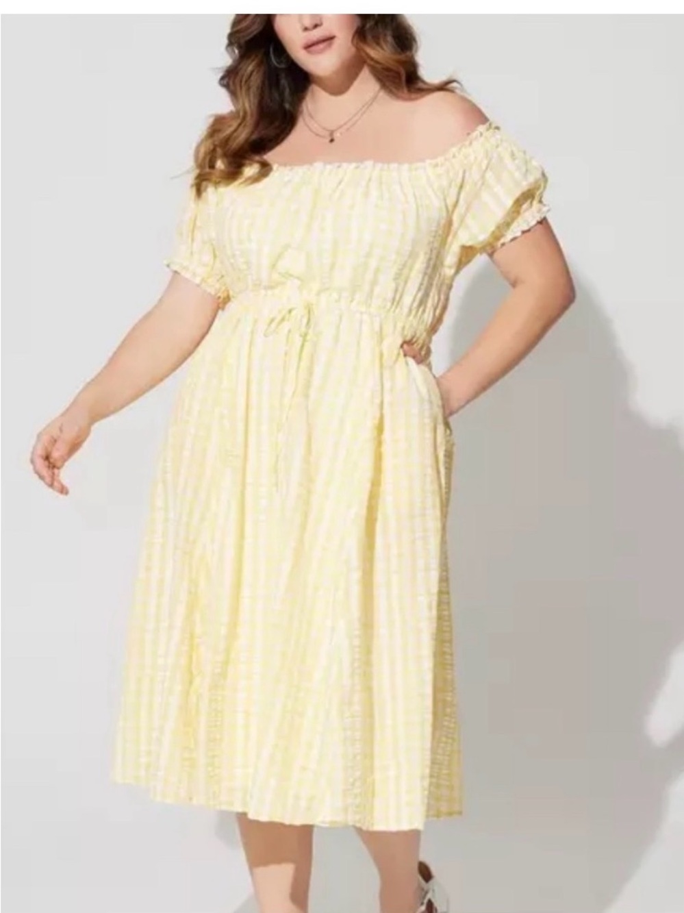 Torrid Women's Yellow and White Seersucker Midi Swing
Dress Sz- 2 gingham